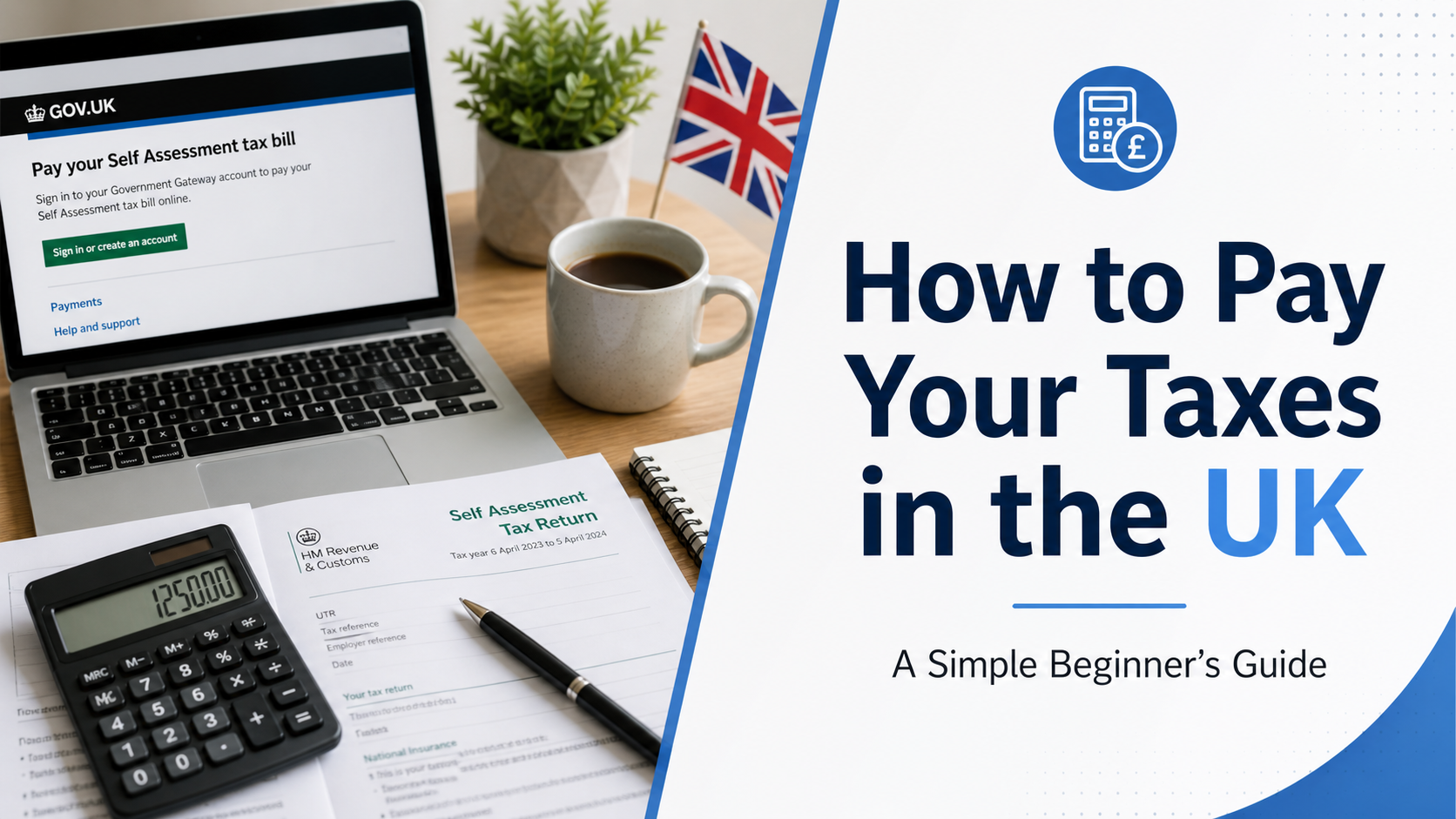 UK tax planning desk with calculator, documents and financial paperwork